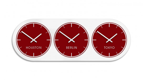 Weinrot, Burgund,Weltzeituhr,Zeitonen-Wanduhr, Mehrere, 3 Zeiten, Design