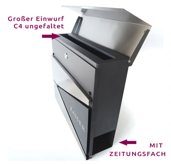 Postkasten,Beschriftung, mit Hausnummer, Briefkasten,  Zeitungfach, Anthrazit, silber,kio times