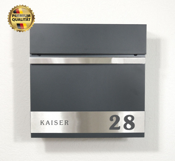 Postkasten,Beschriftung, mit Hausnummer, Briefkasten,  Zeitungfach, Anthrazit, silber,kio times