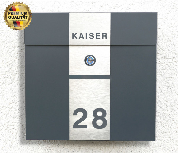 Quadra 2, LED, Klingel-Briefkasten,Edelstahl, Design,mit Klingel, Wandbriefkasten, Wetterfest, Standbriefkasten