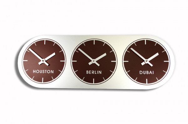 Braun, Silber,Zeitzonen,wanduhr, uhr, Weltzeituhr, 3 Zonen