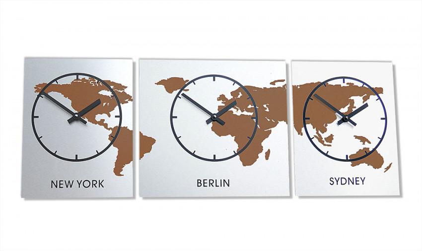 Braun, DESIGN, WANDUHR, 3 Teilige, XL,Zeitzonen,Weltzeit,uhr,gebürstet,bürouhr