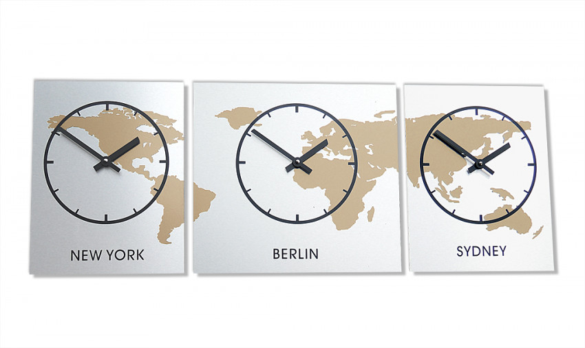 Geteilte, BÜROUHR, XXL,Zeitzonen,Weltzeit,wanduhr, silber, modern,xl