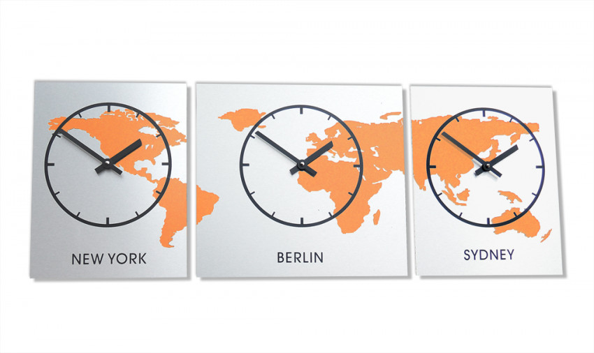 Orange, 3 Teilige, XL,Zeitzonen,Weltzeit,uhr, silber,gebürstet,bürouhr