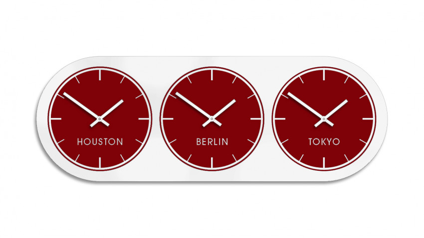 Weinrot, Burgund,Weltzeituhr,Zeitonen-Wanduhr, Mehrere, 3 Zeiten, Design