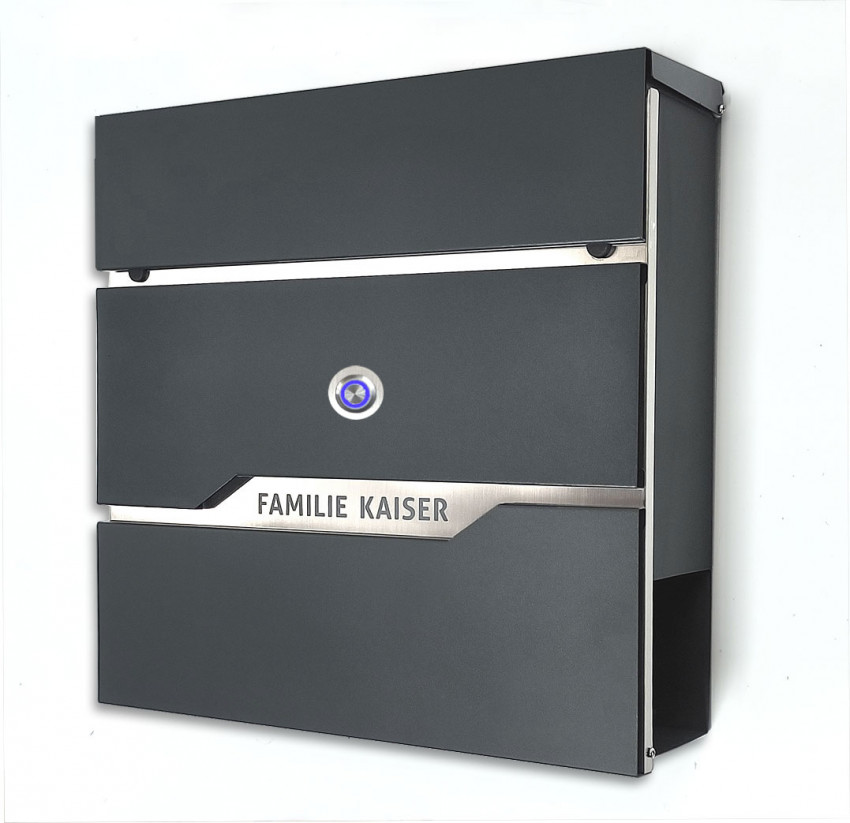 Prime55, Klingel, LED,Anthrazit,Edelstahl, Briefkasten, Wand-briefkasten, Wetterfest