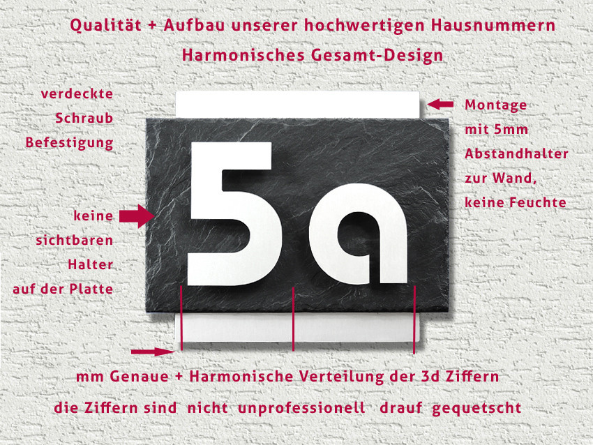 Aufbau, Premium, 2-stellig, v2a, v4a,rostfrei,gebürstet,LED, DESIGN, HAUSNUMMER, schiefer,edelstahl,,kio-times