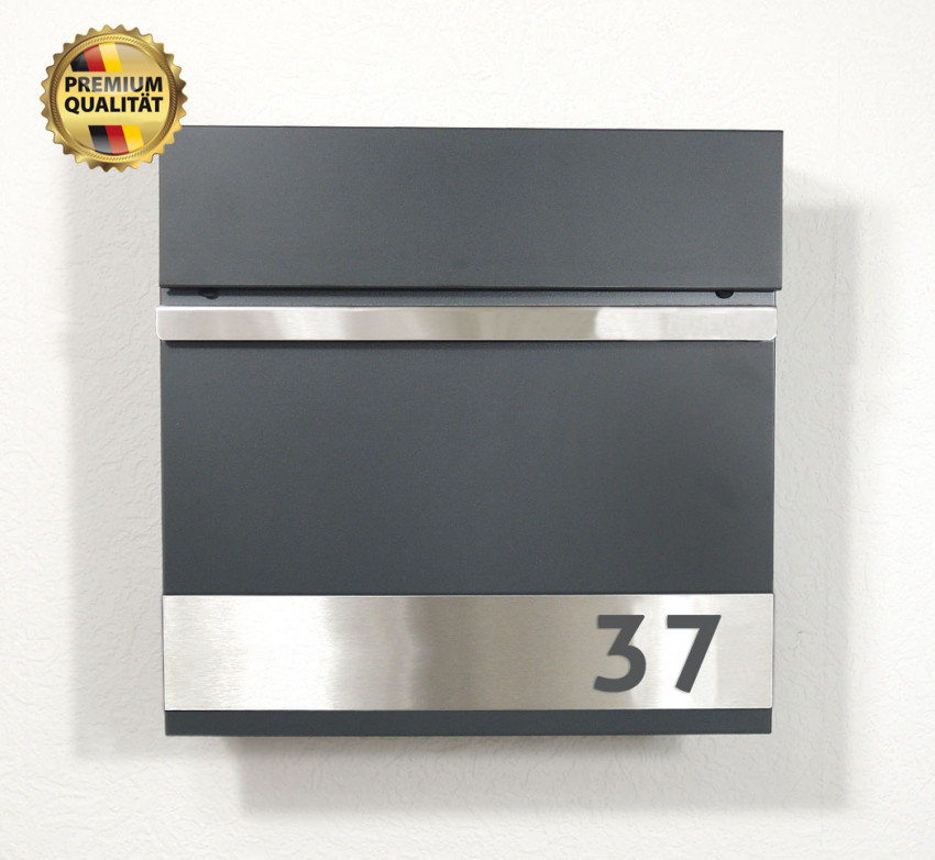 Briekasten p87-L, Zeitungfach, Anthrazit, mit Hausnummer, Briefkasten, Schiefer, Wandbriefkasten, Wasserdicht,