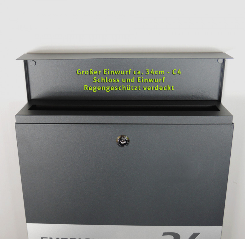 Edelstahl, C4 einwurf, breit, groß, Wandbriefkasten,  Anthrazit, Edelstahl, funk-klingel