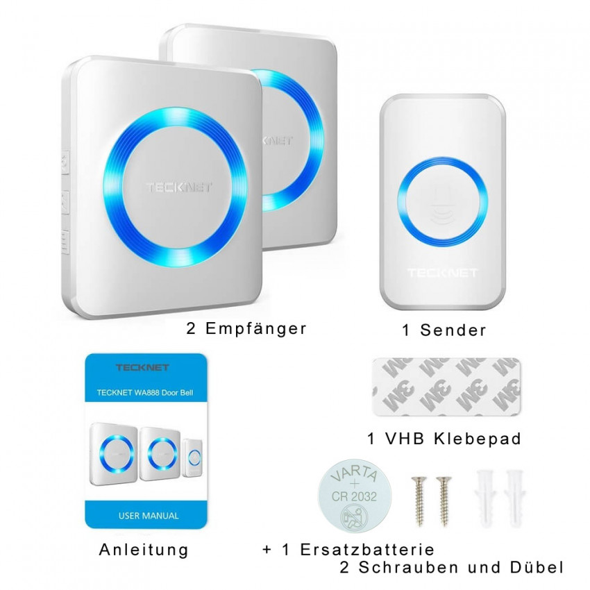 smart, Funk, 433mhz, FUNK-KLINGEL,Tecknet, 2 Emfänger, 400m, Wasserdicht, Test sehr gut, Schwarz