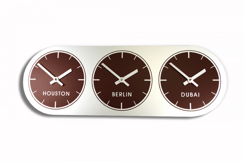 Braun, Silber,Zeitzonen,wanduhr, uhr, Weltzeituhr, 3 Zonen