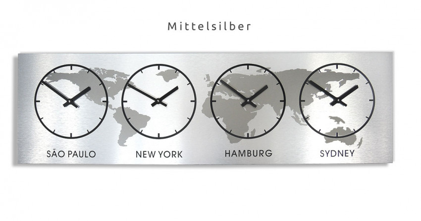 Pent, Silber, Zeitzonen-wanduhr, XL,Weltzeit, Wanduhr