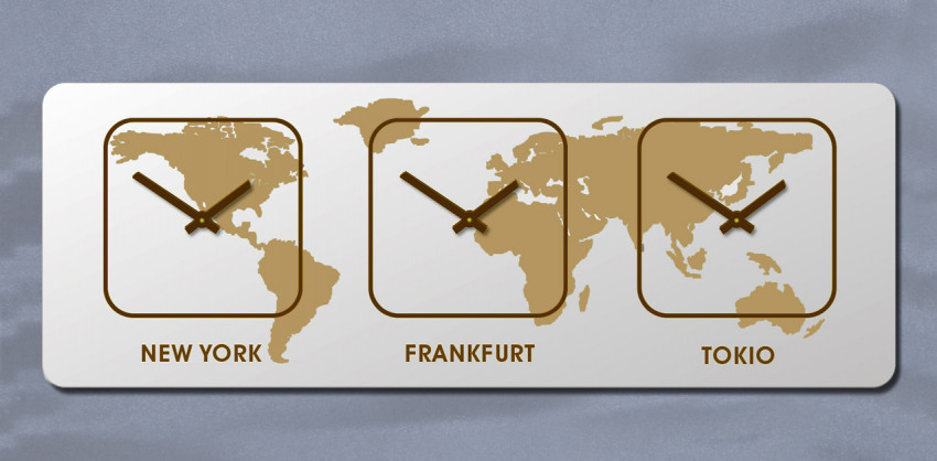 Quadrat, Orange, Zeitzonen-wanduhr 2, XXL,Weltzeituhr, Wanduhr