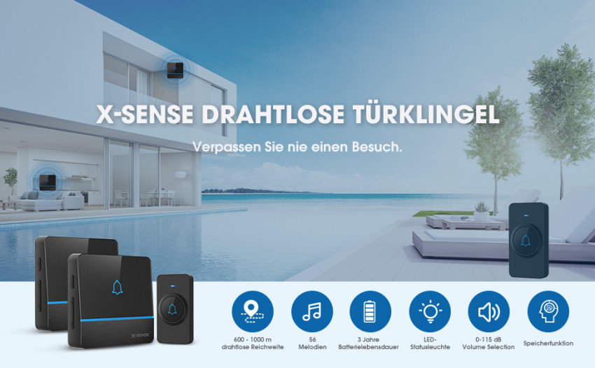 smart, Funk, 433mhz, FUNK-KLINGEL,Tecknet, 2 Emfänger, 400m, Wasserdicht, Test sehr gut, Schwarz
